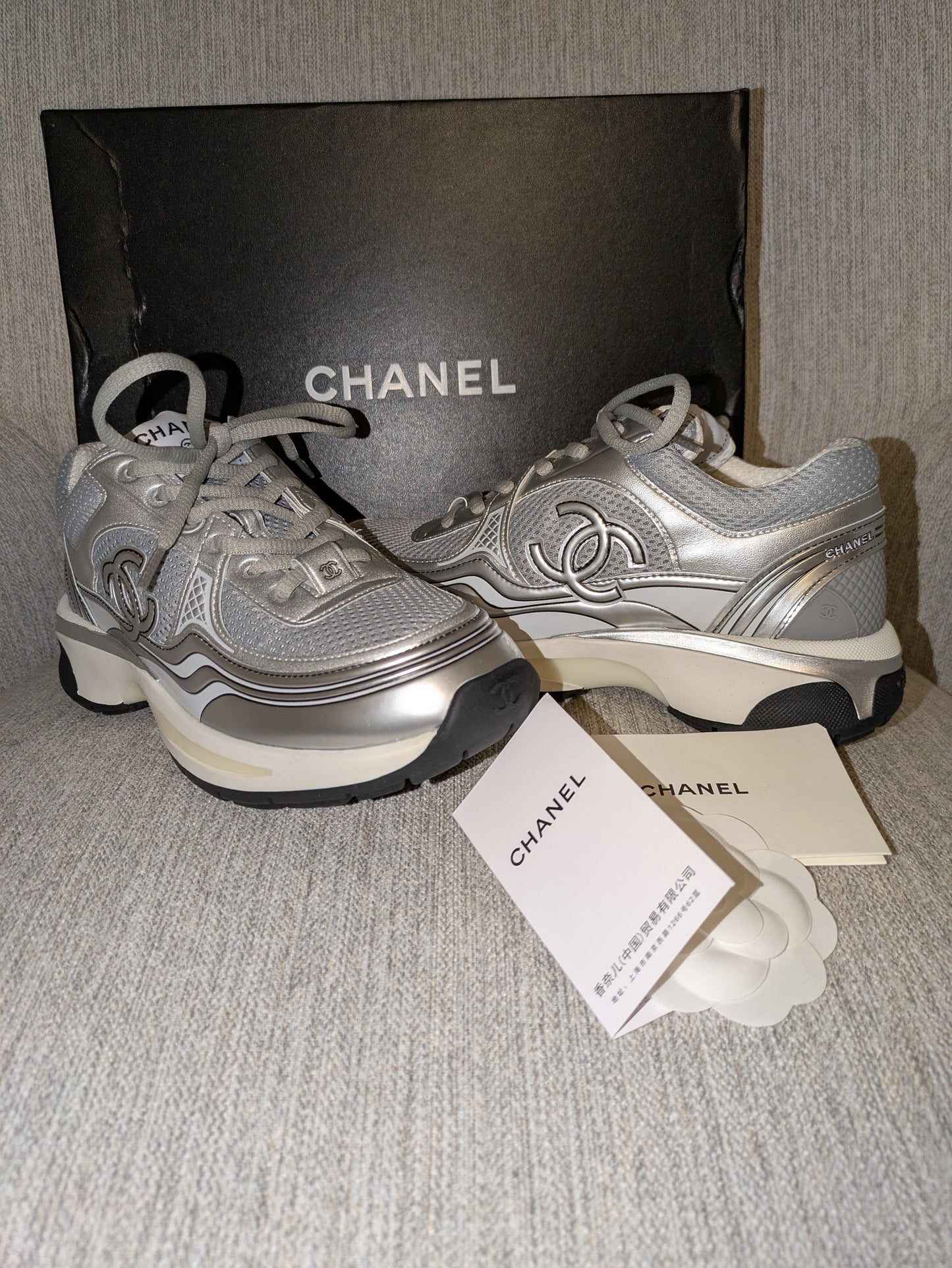 Size 5.5 - Chanel Chanel Trainer CC Logo Laminate Silver