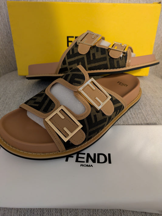 Size 9.5 - Fendi Feel Brown FF Fabric Slides