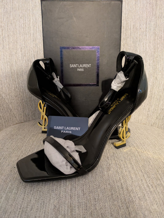 Size 10.5 - Saint Laurent Opyum YSL Logo-Heel Sandals with Golden Hardware